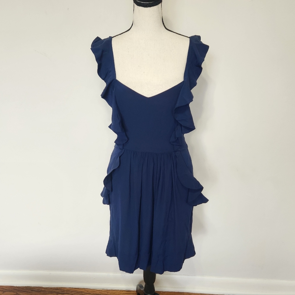 Jennifer Hope Silk Mini Dress in Navy Blue Ruffles Pockets Flutter Shoulder S